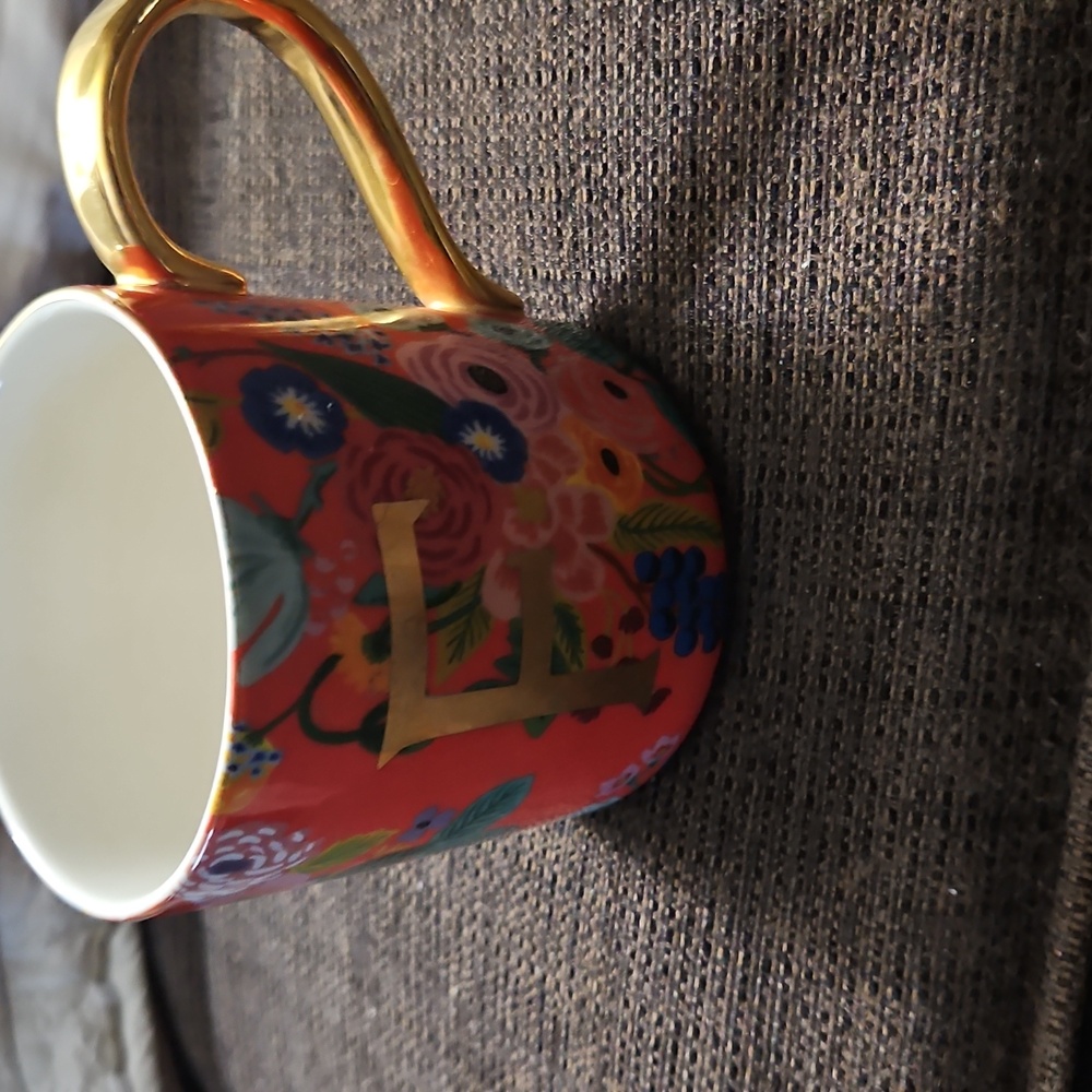 Rifle Paper Co For Anthropologie Floral Gold Letter F Monogram Mug